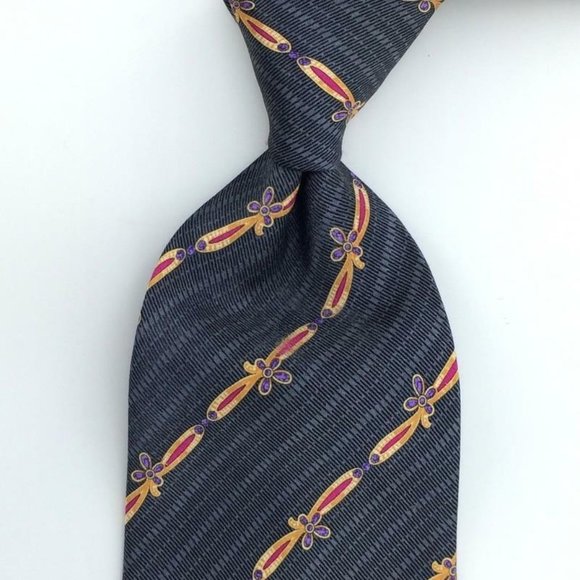 Fabergé Made In USA Tie Gray Red Gold Stripe Luxury Men Floral Silk Necktie L4-F - Picture 2 of 6